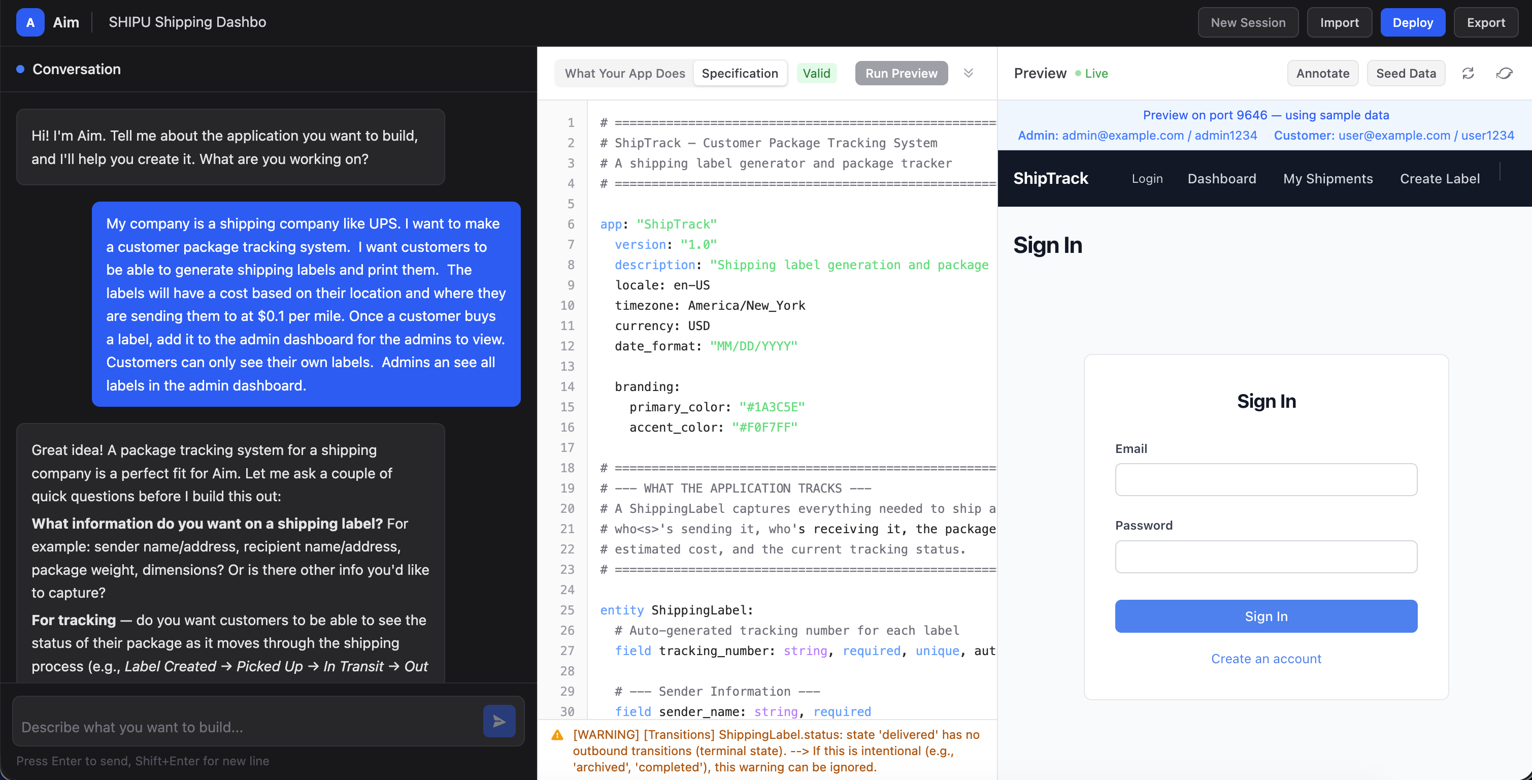 Aim interface showing the raw specification code — the declarative .aim file that the engine reads directly